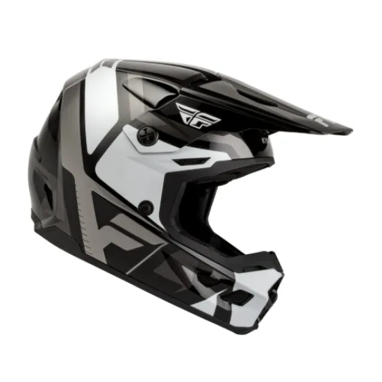 Детска мотокрос каска FLY RACING Kinetic Scrap в черно, бяло и сиво с удължено козирче и логото FLY отпред и отгоре