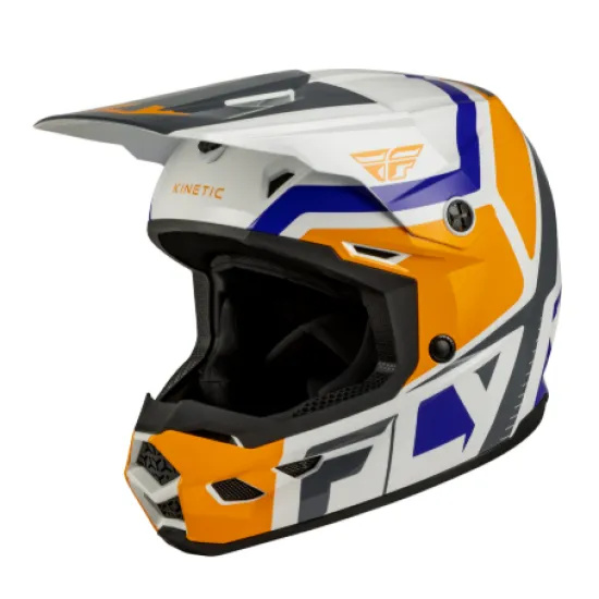 Детска мотокрос каска FLY RACING Kinetic Scrap в бяло, оранжево, синьо и сиво с логото FLY и удължена козирка, изглед