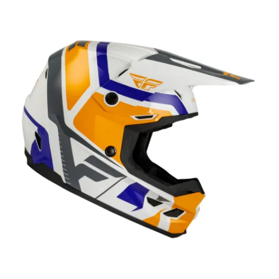 Детска мотокрос каска FLY RACING Kinetic Scrap в бяло, оранжево, синьо и сиво с логото FLY и удължена козирка, изглед
