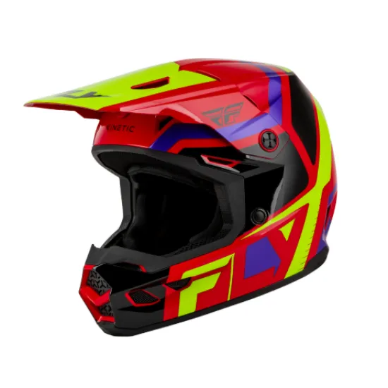 Детска мотокрос каска Fly Racing Kinetic Scrap в червено, жълто-зелено, лилаво и черно с широко козирче и вентилационни