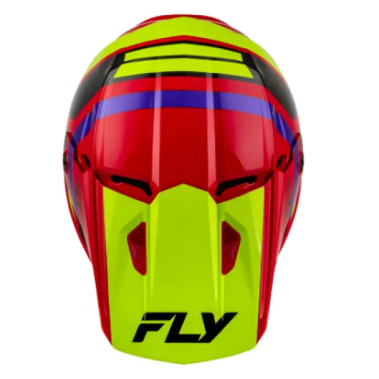 Детска мотокрос каска Fly Racing Kinetic Scrap в червено, жълто-зелено, лилаво и черно с широко козирче и вентилационни