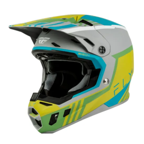FLY Racing Formula CC Strike мотокрос каска в сиво, жълто-зелено и тюркоазено, с RHEON лого, издаден визьор и вентилационни