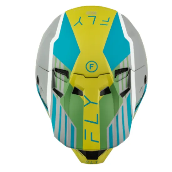 FLY Racing Formula CC Strike мотокрос каска в сиво, жълто-зелено и тюркоазено, с RHEON лого, издаден визьор и вентилационни