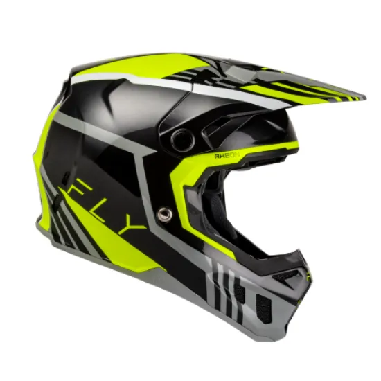 FLY Racing Formula CC Strike мотокрос каска в черно, сиво и флуоресцентно жълто с RHEON лого и матово покритие - изглед