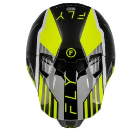 FLY Racing Formula CC Strike мотокрос каска в черно, сиво и флуоресцентно жълто с RHEON лого и матово покритие - изглед