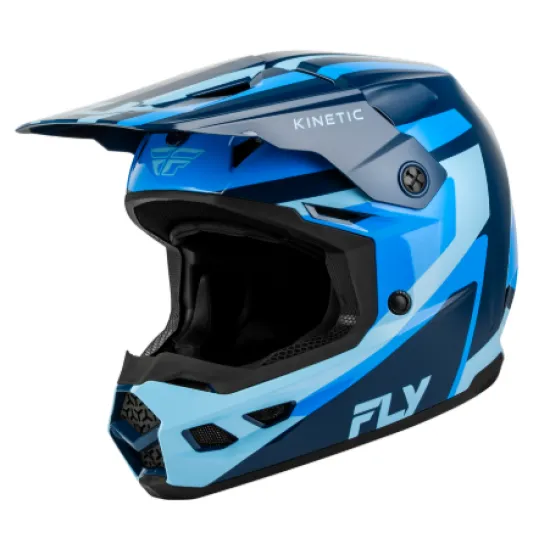 Мотокрос каска FLY Racing Kinetic Sync в тъмносиньо и синьо с козирка, гумена носна защита и лого FLY на устната зона