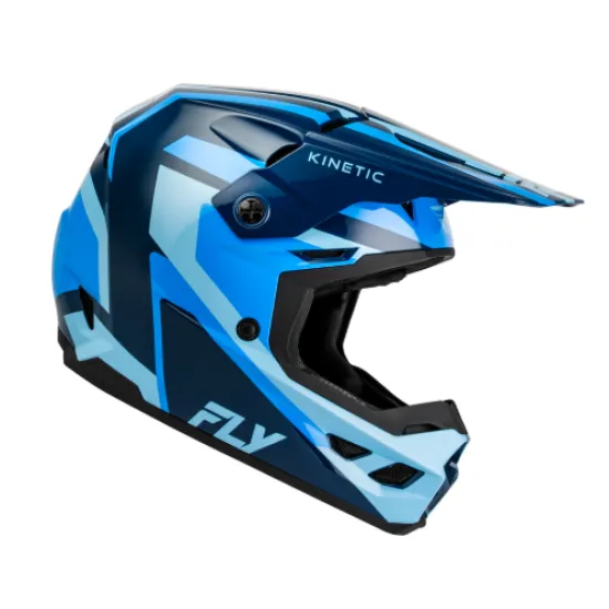 Мотокрос каска FLY Racing Kinetic Sync в тъмносиньо и синьо с козирка, гумена носна защита и лого FLY на устната зона