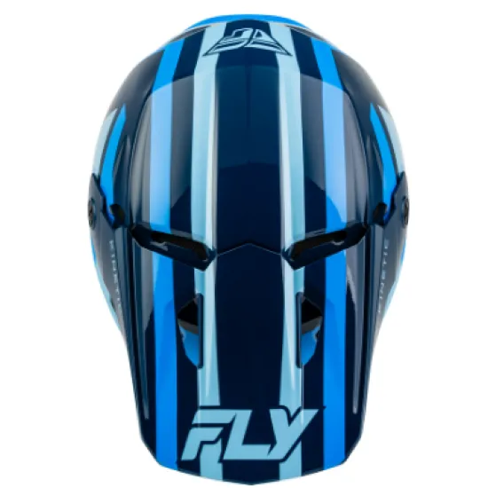 Мотокрос каска FLY Racing Kinetic Sync в тъмносиньо и синьо с козирка, гумена носна защита и лого FLY на устната зона