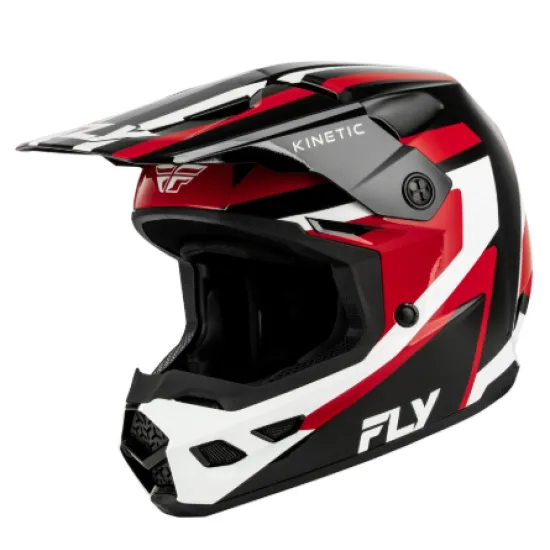 FLY Racing Kinetic Sync мотокрос каска в черно, червено и бяло - страничен изглед с козирка и FLY лого, изглед отзад и