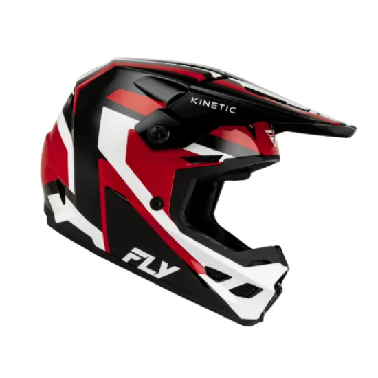 FLY Racing Kinetic Sync мотокрос каска в черно, червено и бяло - страничен изглед с козирка и FLY лого, изглед отзад и
