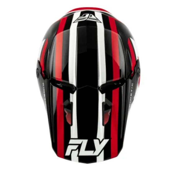 FLY Racing Kinetic Sync мотокрос каска в черно, червено и бяло - страничен изглед с козирка и FLY лого, изглед отзад и