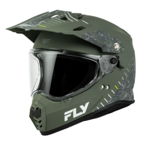 Fly Racing Trekker ендуро каска в матово маслиненозелено с камуфлажна графика, прозрачен визьор и подвижна козирка - изглед