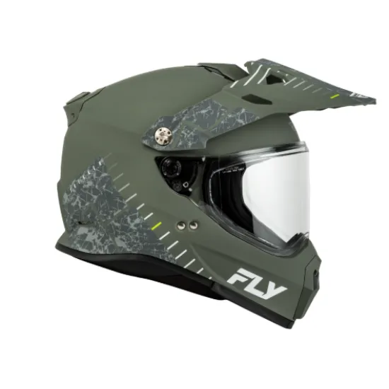 Fly Racing Trekker ендуро каска в матово маслиненозелено с камуфлажна графика, прозрачен визьор и подвижна козирка - изглед