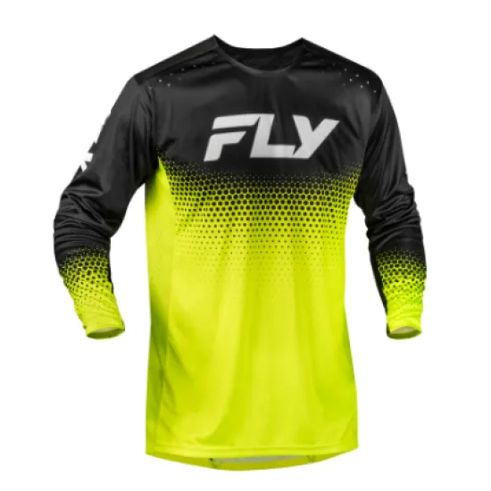 Мотокрос блуза FLY Racing Rayce Sonar с неоново жълто-черен halftone градиент и голямо бяло лого FLY на гърдите