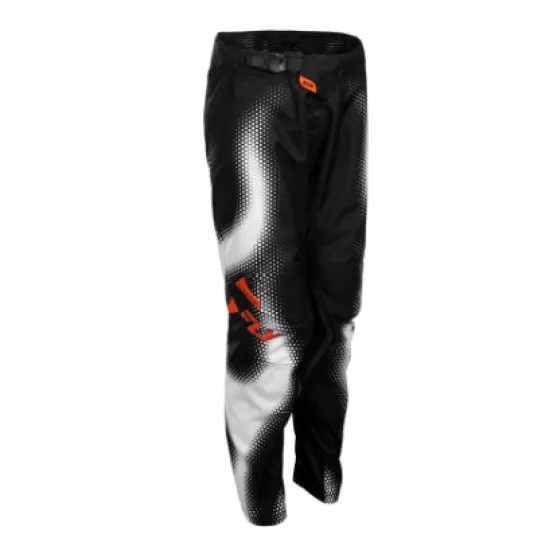 Детски мотокрос брич FLY Racing Kinetic Torch в черно и бяло с халфтон печат и оранжеви акценти, вид отпред, отзад и