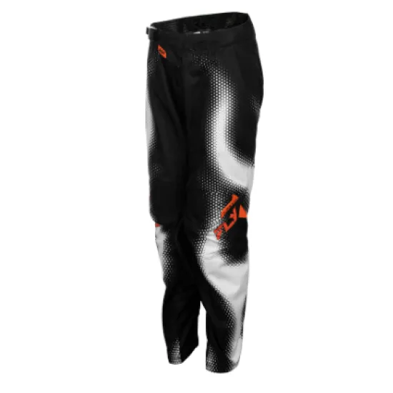 Детски мотокрос брич FLY Racing Kinetic Torch в черно и бяло с халфтон печат и оранжеви акценти, вид отпред, отзад и