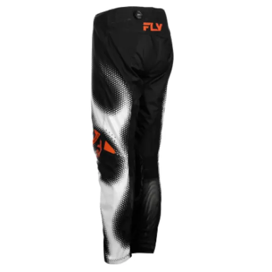 Детски мотокрос брич FLY Racing Kinetic Torch в черно и бяло с халфтон печат и оранжеви акценти, вид отпред, отзад и