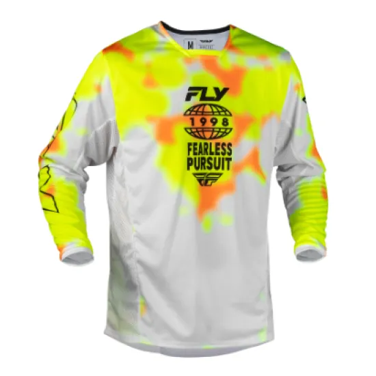 Мотокрос блуза FLY Racing Kinetic Blur в бяло с флуоресцентно жълто и оранжево, надпис Fearless Pursuit 1998 на гърдите