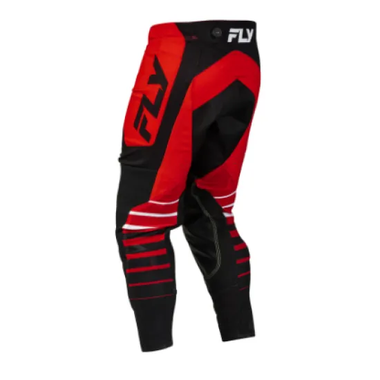 Мотокрос брич FLY RACING Evolution DST в червено, черно и бяло с лого FLY на задния панел, бели контрастни ивици в долната