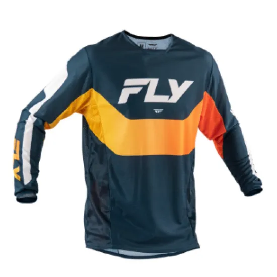 Мотокрос блуза FLY RACING Kinetic Mesh в тъмносиньо с оранжево-червени акценти на гърдите и оранжеви детайли по ръкавите