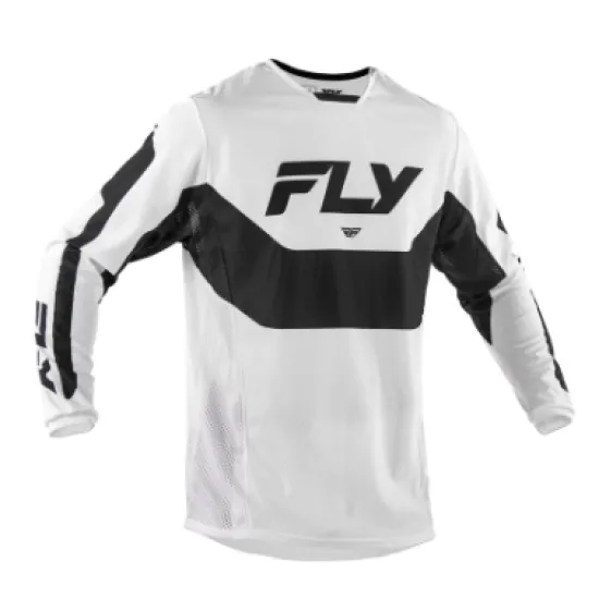 Мотокрос блуза FLY RACING Kinetic Mesh в бяло и черно с мрежести вентилационни панели и лого FLY на гърдите