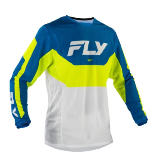 Мотокрос блуза FLY RACING Kinetic Mesh в синьо, флуоресцентно жълто и бяло с мрежеста вентилация и лого на гърдите