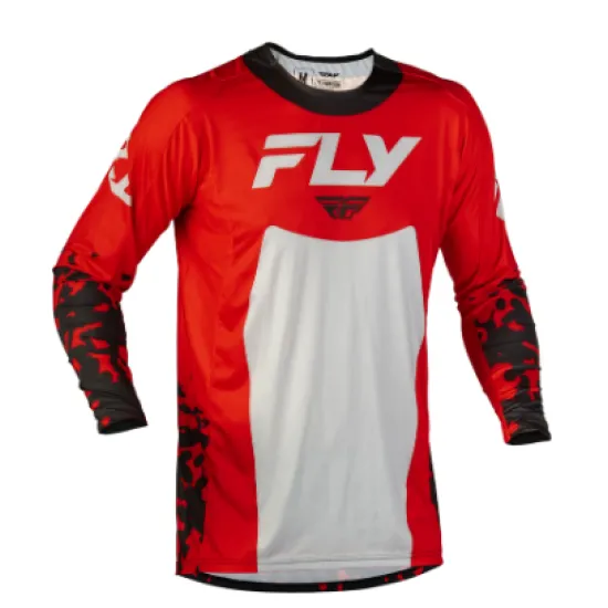 Мотокрос блуза FLY RACING Lite Flake в червено и сиво с черни камуфлажни ръкави и бяло лого FLY на гърдите