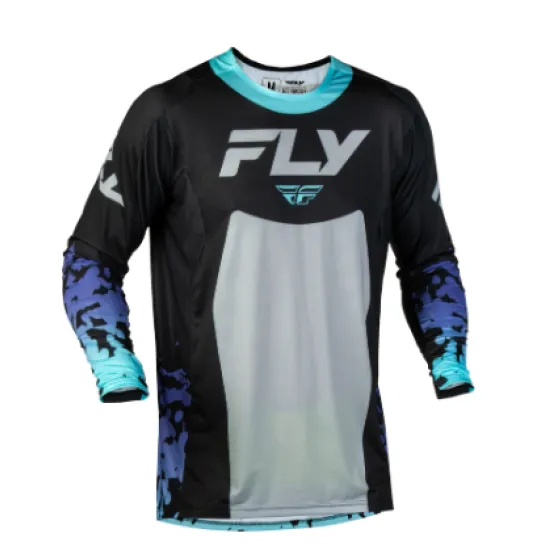 Черна мотокрос блуза FLY RACING Lite Flake с сиви панели, тюркоазна яка и лилаво-сини ръкави с камуфлажен принт