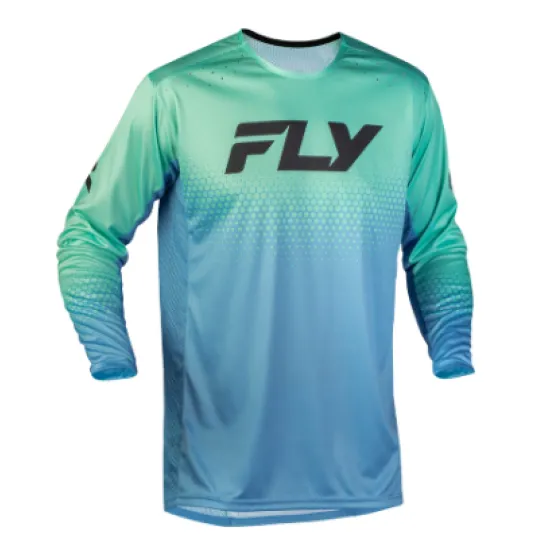 Детска мотокрос блуза FLY RACING Rayce Sonar в тюркоазено-синьо с черно лого FLY и шестоъгълен принт на гърдите