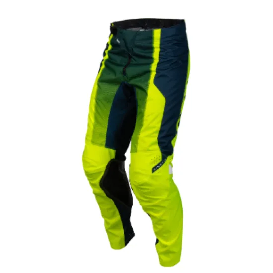 Мотокрос брич FLY RACING Kinetic в Hi-Vis жълто и тъмносиньо с перфорации и рип-стоп панели