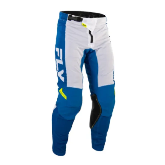 Мотокрос брич FLY RACING Kinetic Mesh в синьо и бяло с Hi-Vis жълти акценти, мрежести вентилационни панели и лого на марката