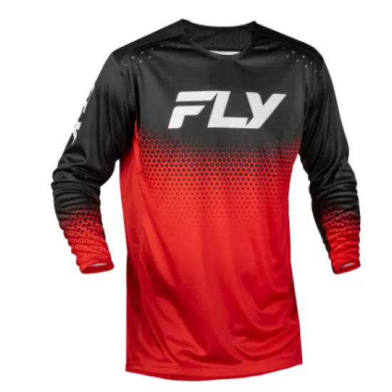 Детска мотокрос блуза FLY RACING Rayce Sonar в червено и черно с хексагонален точков соnar pattern и бяло лого FLY на гърдите