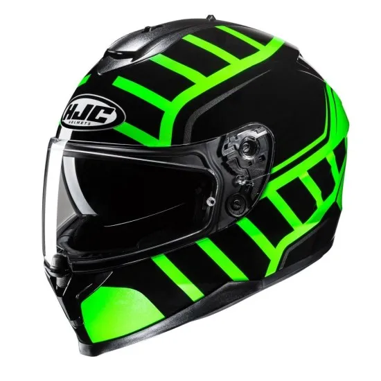 Каска HJC C70N HOLT BLACK/GREEN - поликарбонатна каска с вградени слънчеви очила и свалящ се антибактериален интериор Supercool™