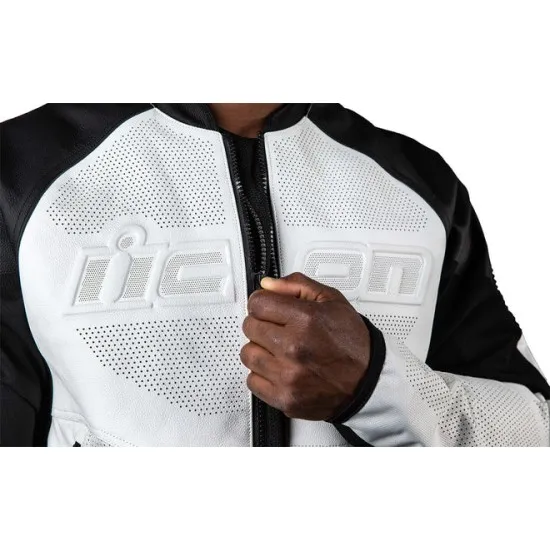 Кожено мото яке ICON Overlord3™ CE Leather WHITE с D3O® протектори, премахваща се подплата и перфорации