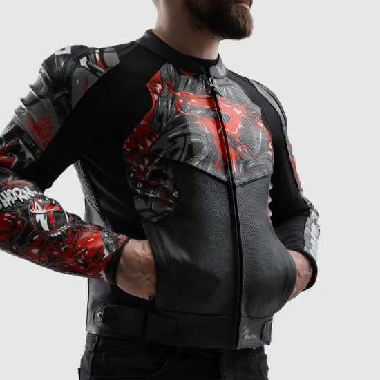 Кожено мото яке Rebelhorn Vandal 2 Cruze Black Dark Grey Red – спортно яке с AAA защита и Level 2 протектори