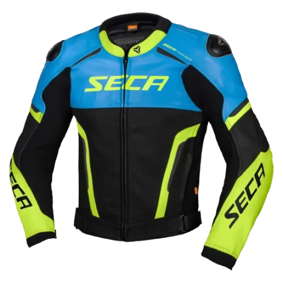 Кожено мото яке SECA HOOLIGAN BLUE/FLUO YELLOW с D3O® протектори и вентилационни панели