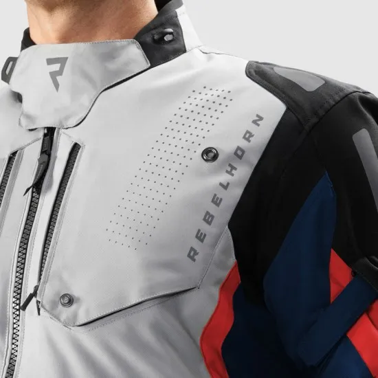 Текстилно мото яке Rebelhorn Hiker 4 Light Grey Blue Red с HydraShield мембрана и CE Level 2 протектори
