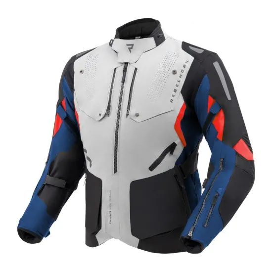 Текстилно мото яке Rebelhorn Hiker 4 Light Grey Blue Red с HydraShield мембрана и CE Level 2 протектори