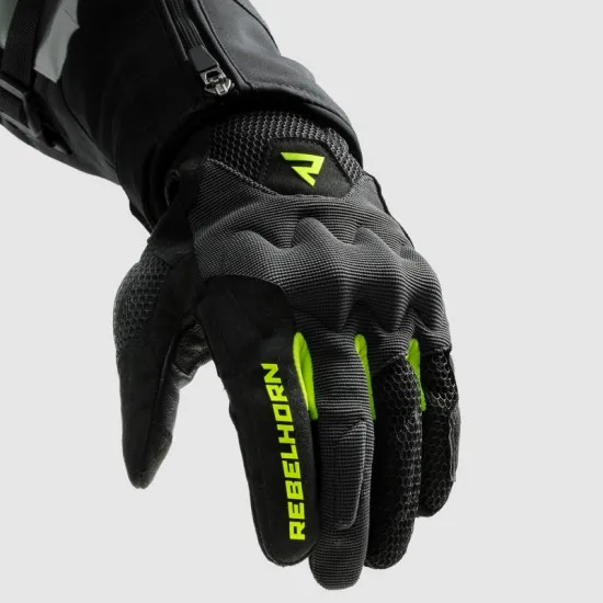 Мото ръкавици Rebelhorn Core Black Grey Fluo Yellow с Impacton протектор и вентилация