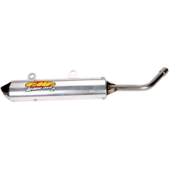 Хромиран спортен ауспух FMF TC II с блестящ метален корпус, черна крайна капачка и оранжево-черно FMF лого върху бяла основа