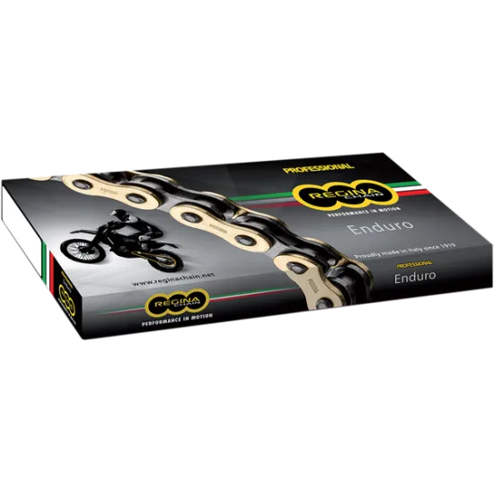 Regina Chain 520ZRE мото верига в оригинална кутия с черен дизайн, видими златисти звена и Regina лого