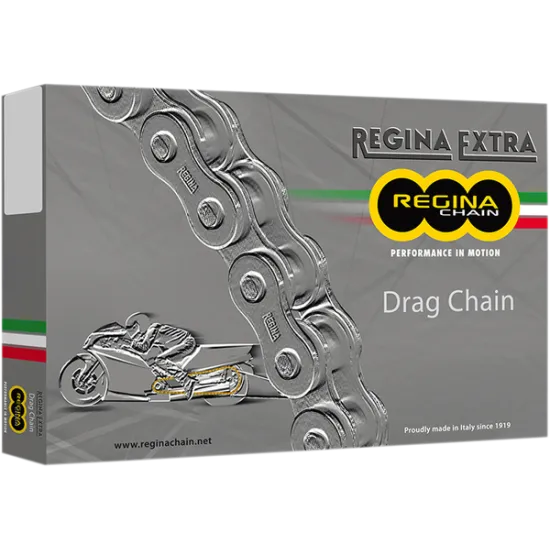 Сива опаковка на Regina Chain с изображение на drag racing мотор и детайл от сребриста мото верига със звена