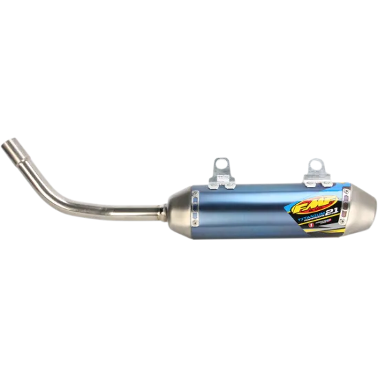 Титаново гърне FMF TI P-CORE 2.1 със син корпус, сребриста хромирана изходна тръба и оригинални цветни лога на FMF