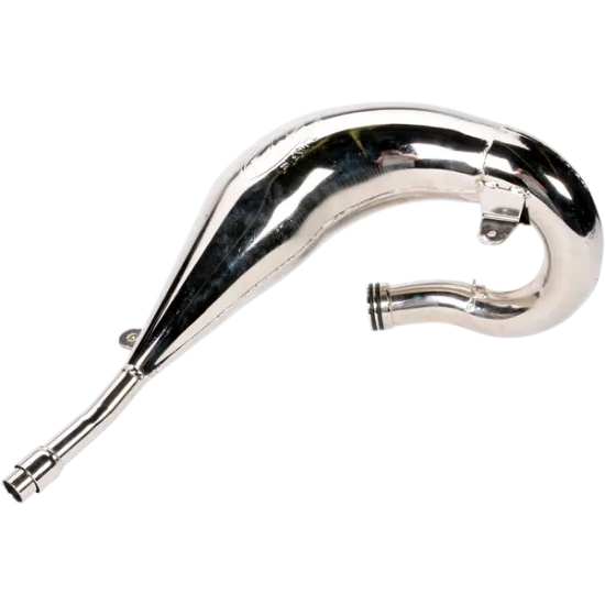 Хромирана гайда FMF FATTY PIPE с извита форма и никелов блестящ финиш, показваща конектори и плавни криви